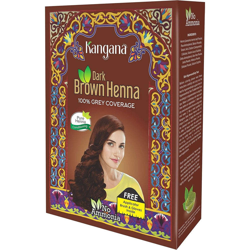 Kangana Henna Powder Dark Brown box front view showcasing ammonia-free hair dye