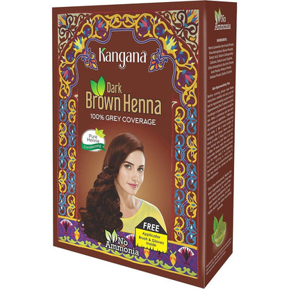 Kangana Henna Powder Dark Brown box front view showcasing ammonia-free hair dye