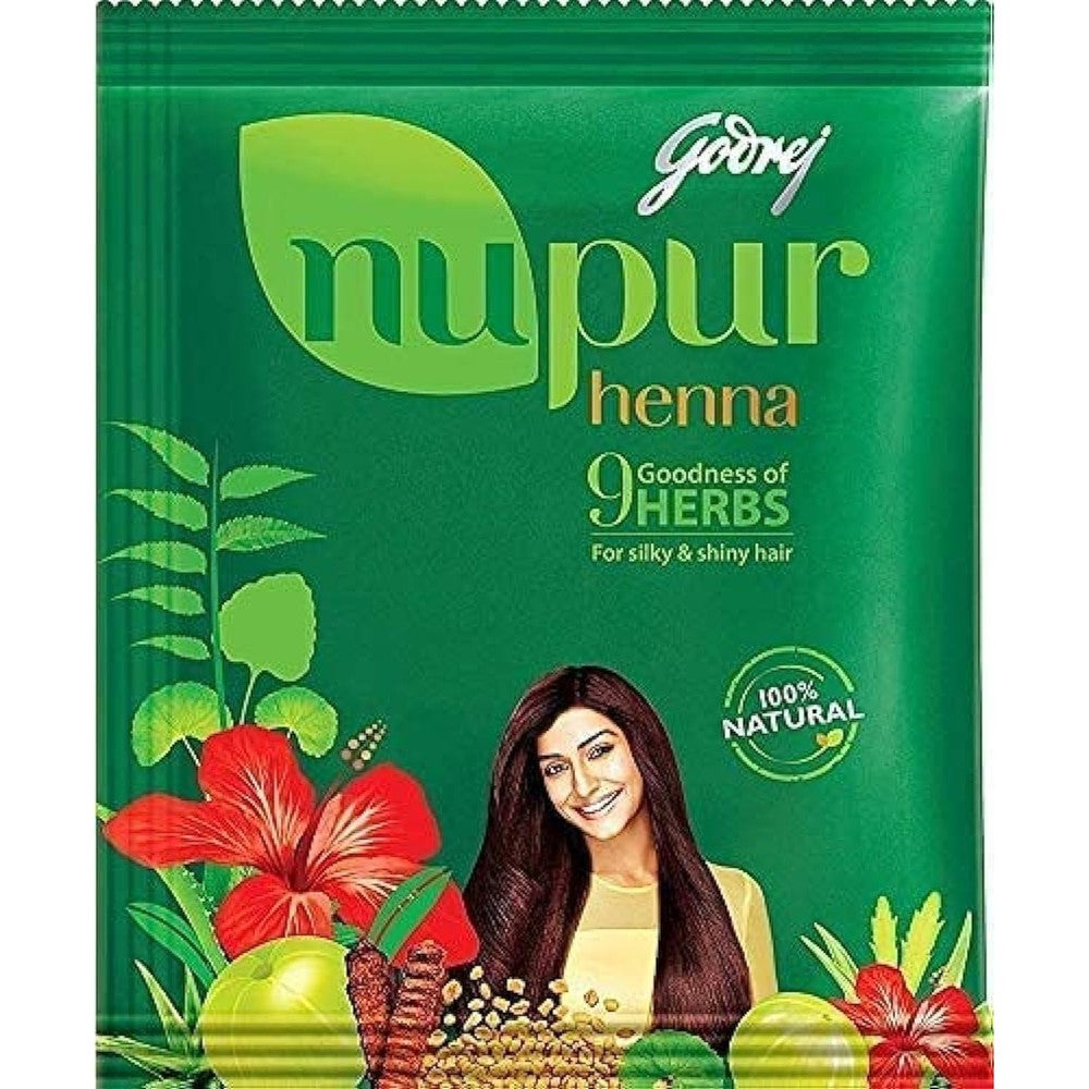 Godrej Nupur Henna Goodness of 9 Herbs 1000 Grams front view package for natural hair coloring