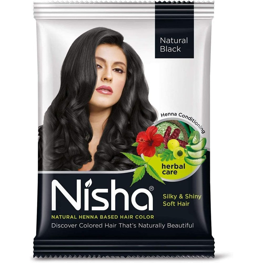 Nisha Natural Henna Based Hair Color Natural Black ten-gram sachet front view showcasing the herbal hair dye packaging.