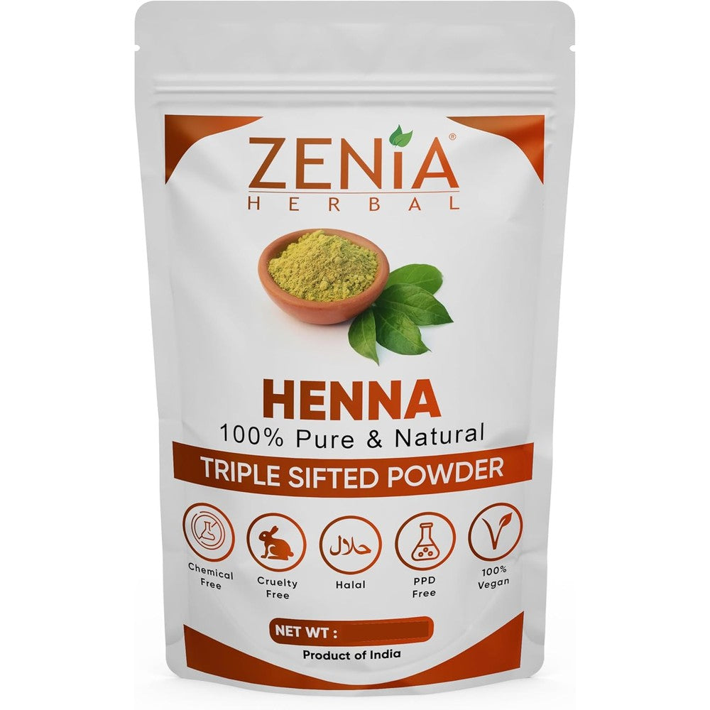 Zenia Pure Natural Henna Powder front view packaging showing hair color benefits
