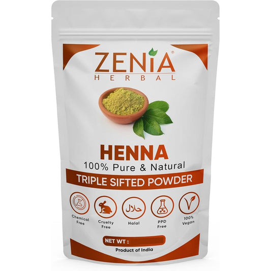 Zenia Pure Natural Henna Powder front view packaging showing hair color benefits