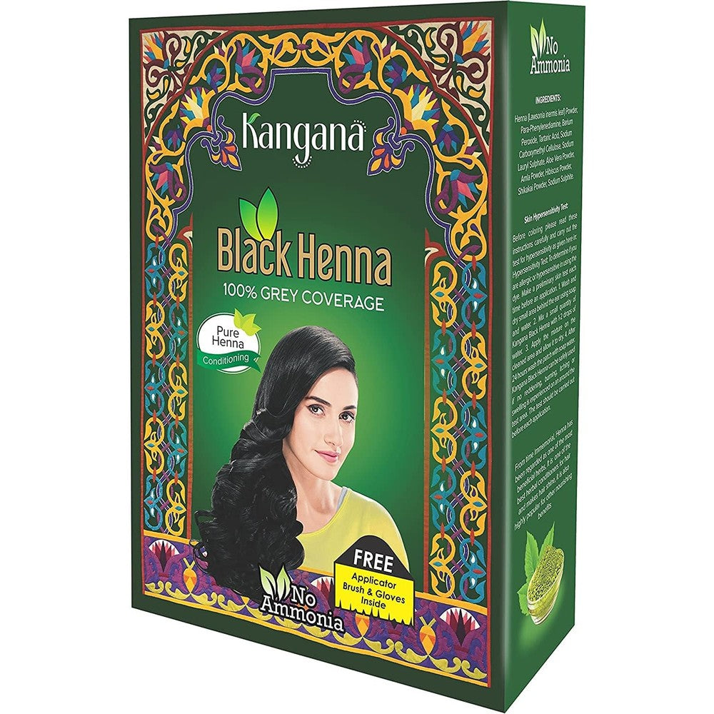 Kangana Black Henna Powder front packaging displaying grey hair coverage claims