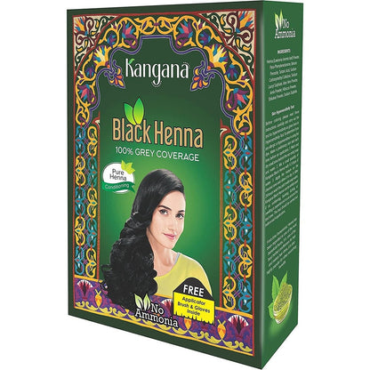 Kangana Black Henna Powder front packaging displaying grey hair coverage claims
