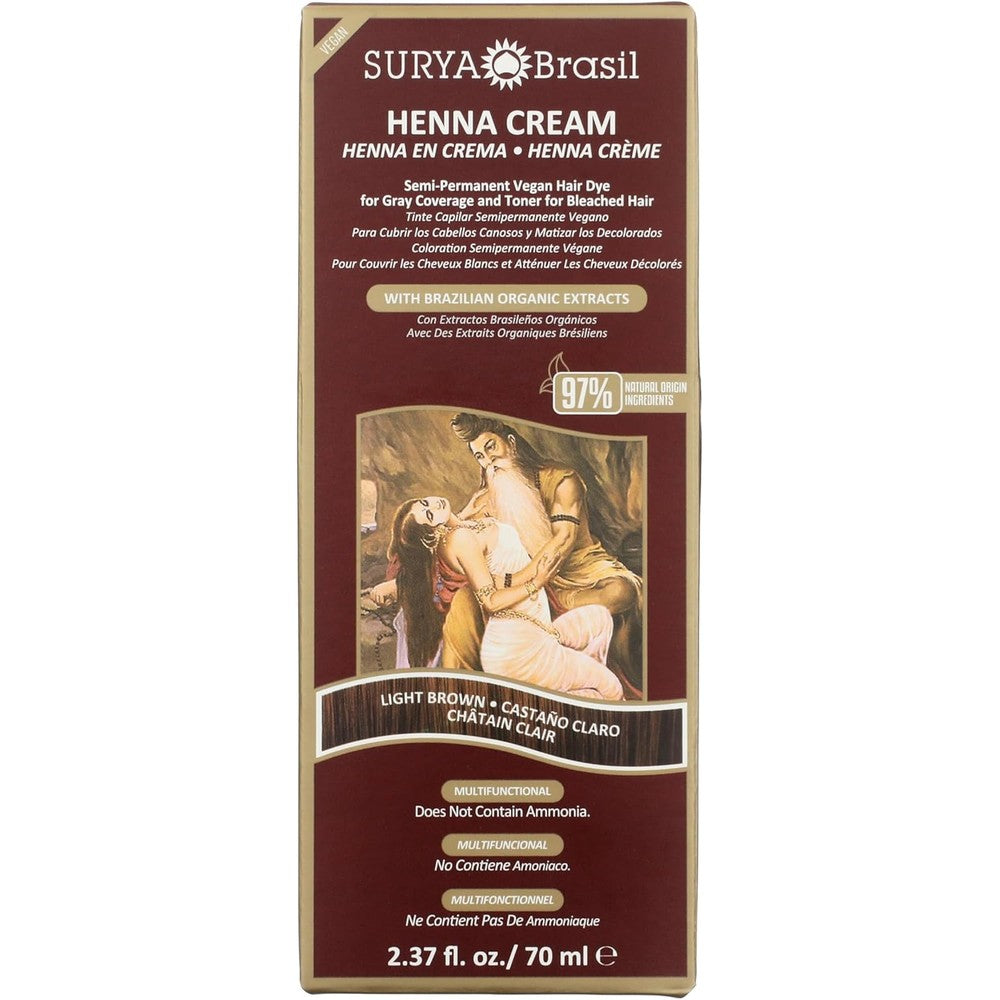 Surya Brasil Light Brown Natural Henna Cream packaging front view showing vegan certification symbol