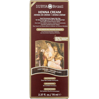 Surya Brasil Light Brown Natural Henna Cream packaging front view showing vegan certification symbol