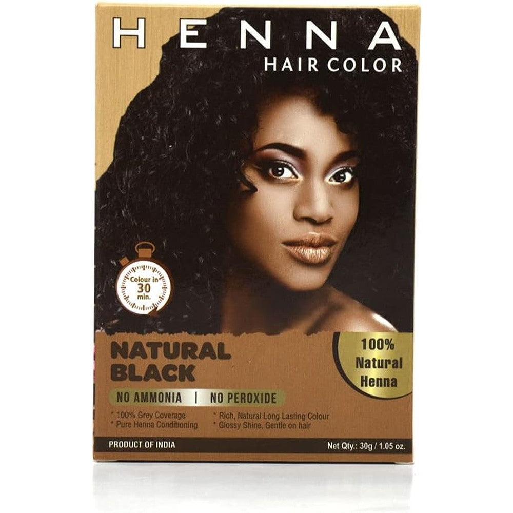 Jimy Henna Hair Color Natural Black front view packaging showing herbal powder hair dye benefits.