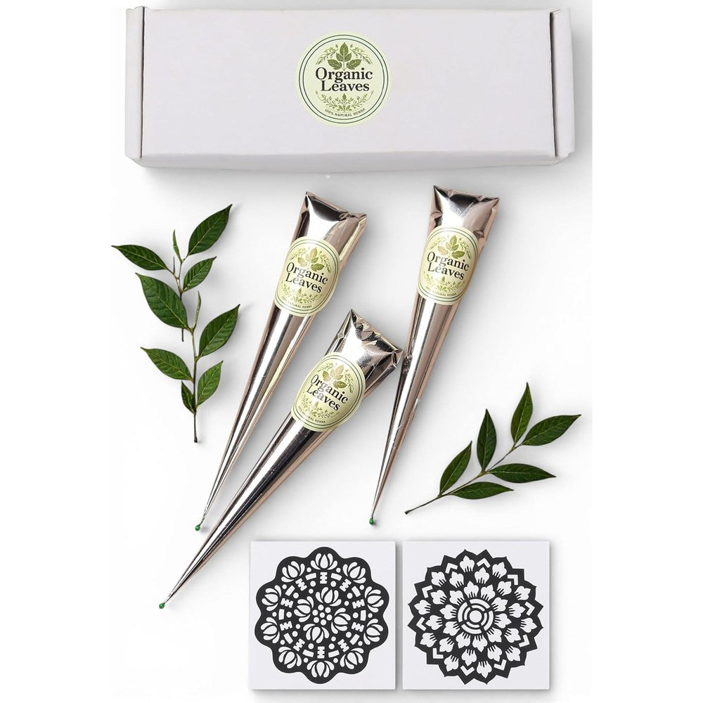 Organic Leaves natural henna cones three pack front view showcasing premium packaging box