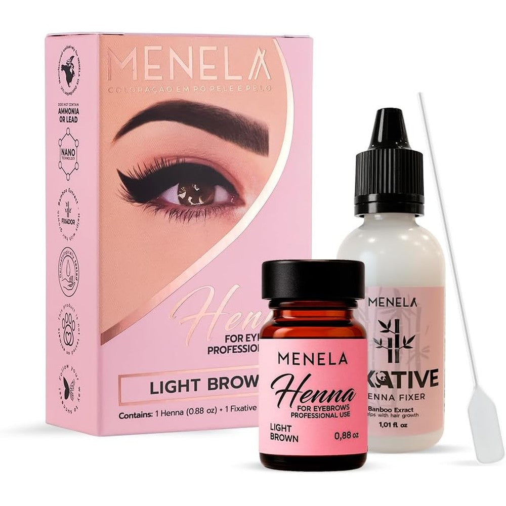 Menela Eyebrow Henna Tint Kit Light Brown front view showing packaging box and fixer bottle.