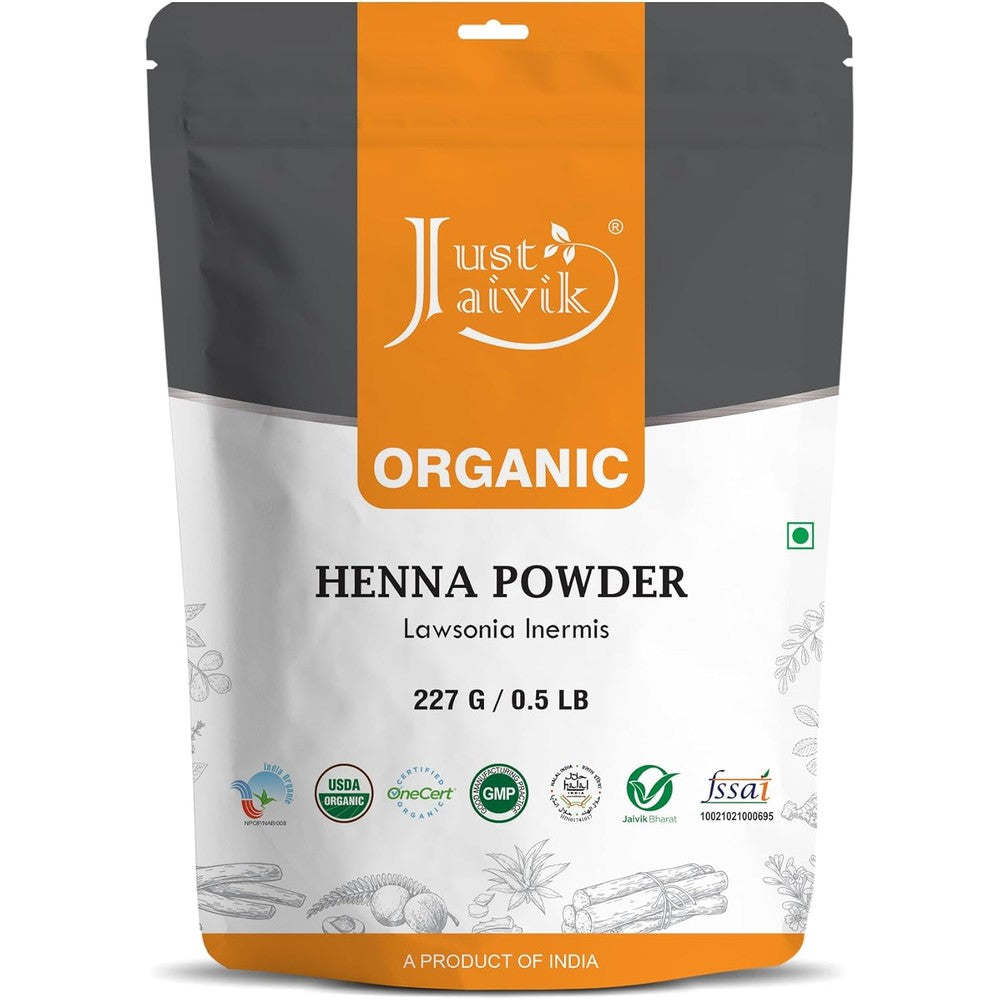 Just Jaivik Organic Henna Powder front view packaging for natural hair coloring