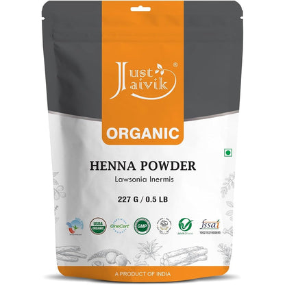 Just Jaivik Organic Henna Powder front view packaging for natural hair coloring