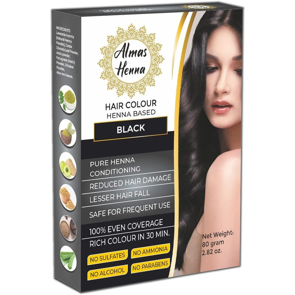 Alhasnayn Enterprises Almas Henna Hair Color front view showing organic black powder packaging