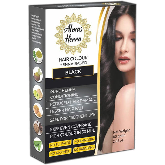 Alhasnayn Enterprises Almas Henna Hair Color front view showing organic black powder packaging