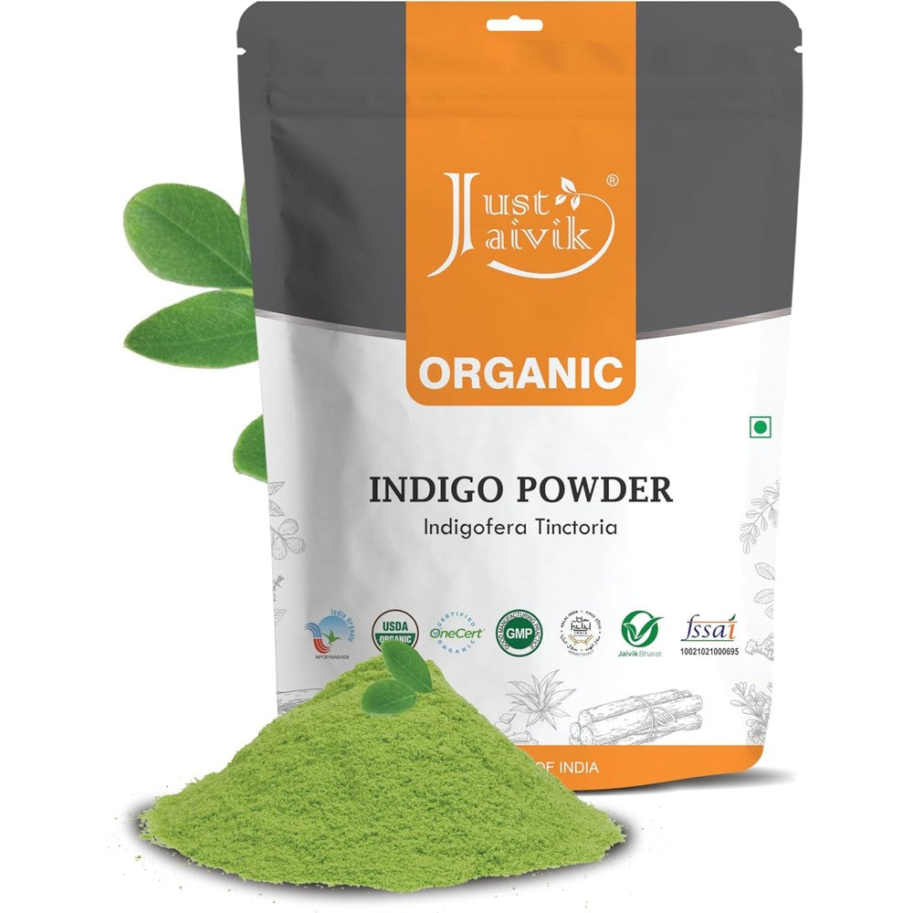 Just Jaivik 100% Organic Indigo Powder front package view showing organic certifications