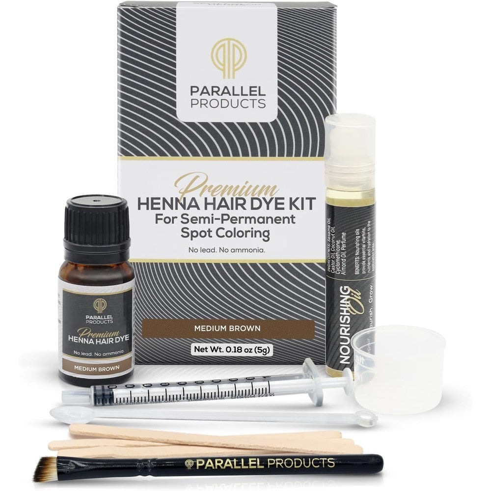 Parallel Products Spot Color Henna Kit front view showing the premium medium brown packaging