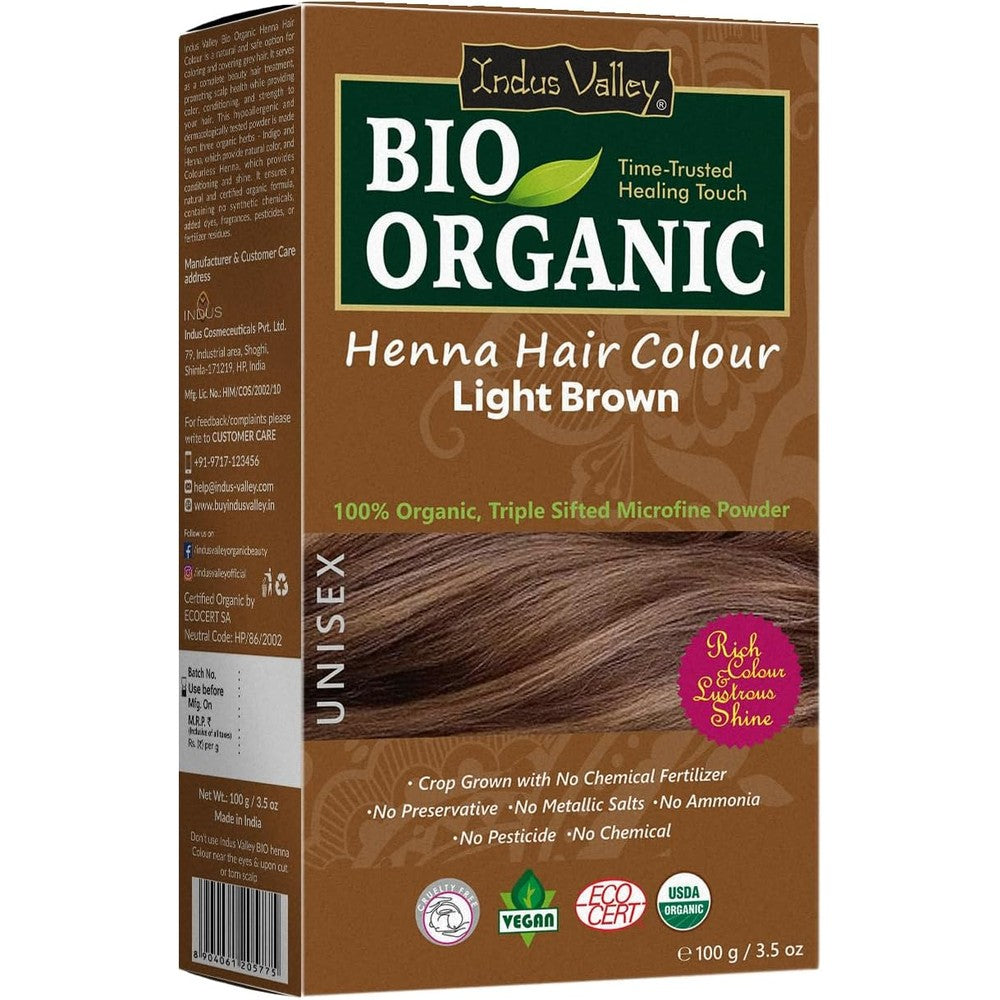 Indus Valley Light Brown Henna Hair Color 100g front view packaging showing organic certifications.