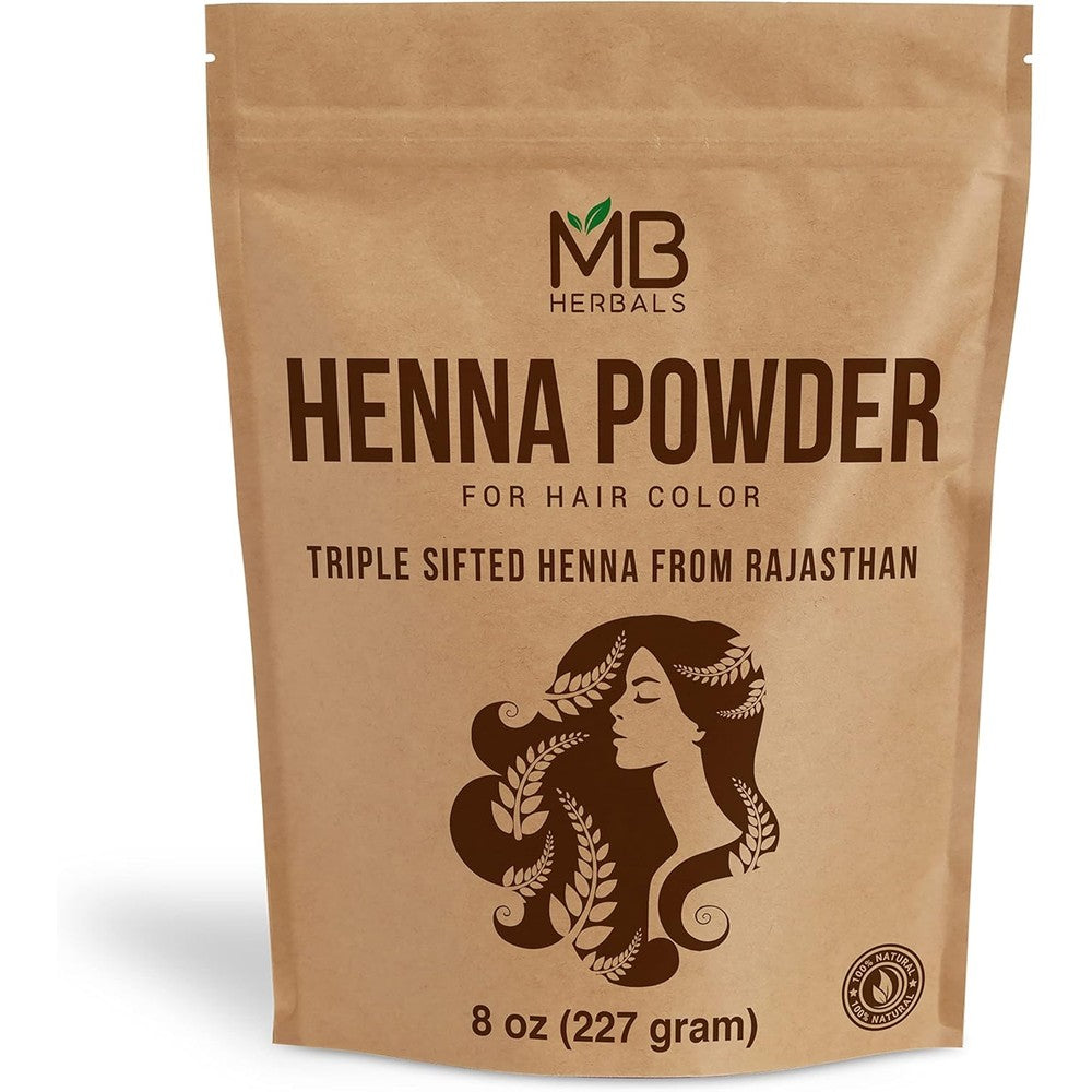 MB Herbals Pure Natural Henna Powder 8 Ounce front view package for organic hair coloring