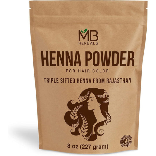 MB Herbals Pure Natural Henna Powder 8 Ounce front view package for organic hair coloring