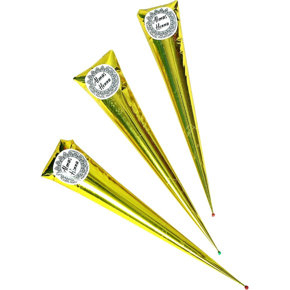 Al Hasnayn Enterprises Almas Henna Cones three pack front view showcasing authentic packaging.
