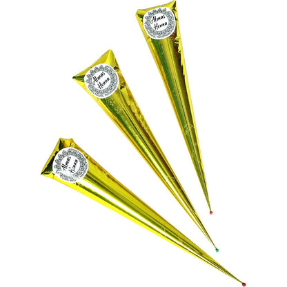 Al Hasnayn Enterprises Almas Henna Cones three pack front view showcasing authentic packaging.