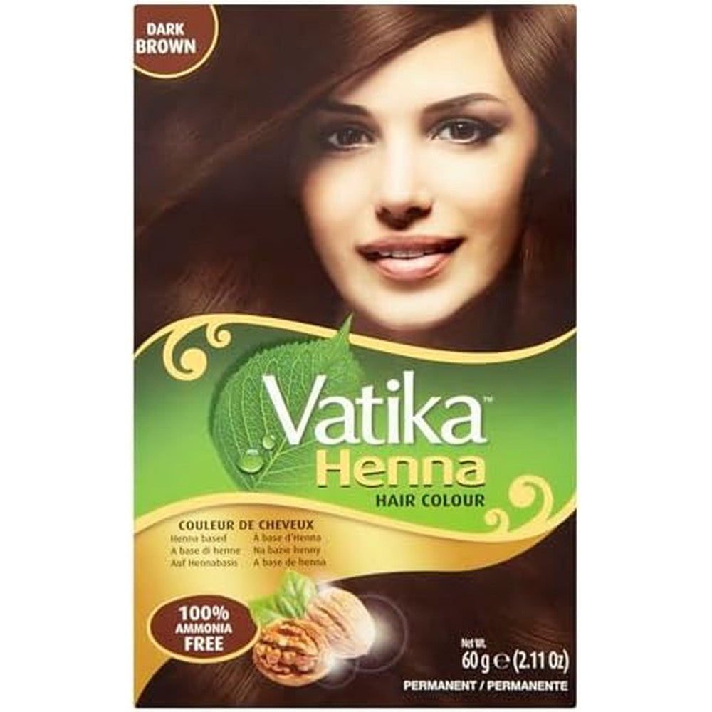 Vatika Naturals Permanent Hair Dye Dark Brown front view packaging box showing henna leaves