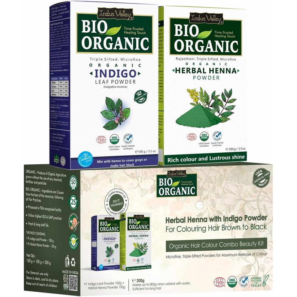 Indus Valley Bio Organic Indigo and Henna Powder Combo Kit front view showing two natural hair color packets
