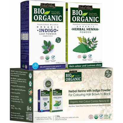 Indus Valley Bio Organic Indigo and Henna Powder Combo Kit front view showing two natural hair color packets