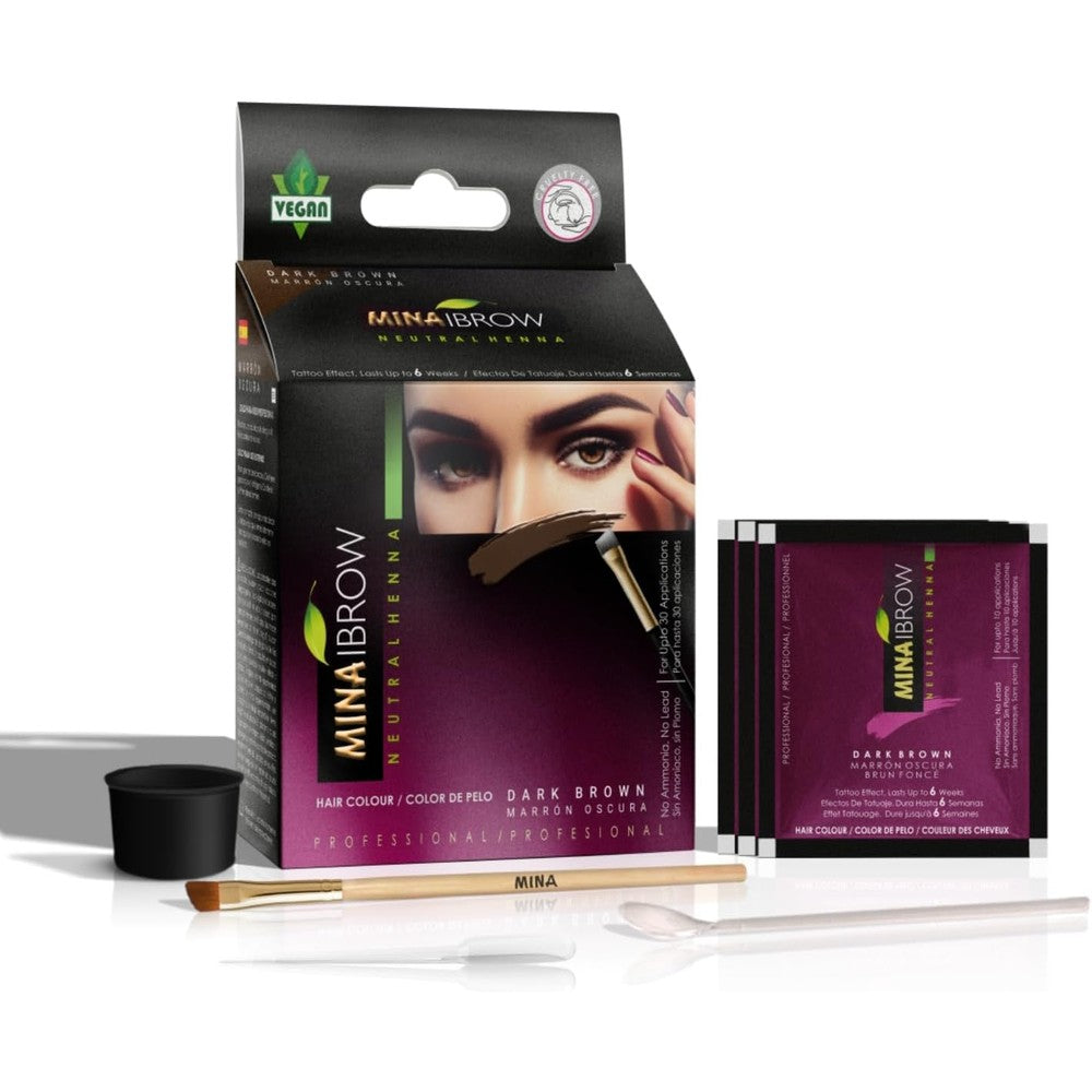 MinaiBrow Henna Dark Brown Regular Pack Tint Kit front view showcasing the packaging box.