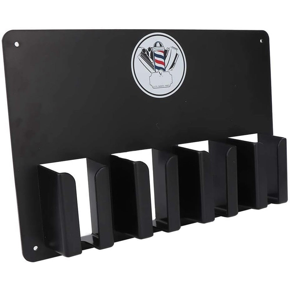 TMISHION wall mounted hair clipper holder front view showing four trimmer slots for salon organization.