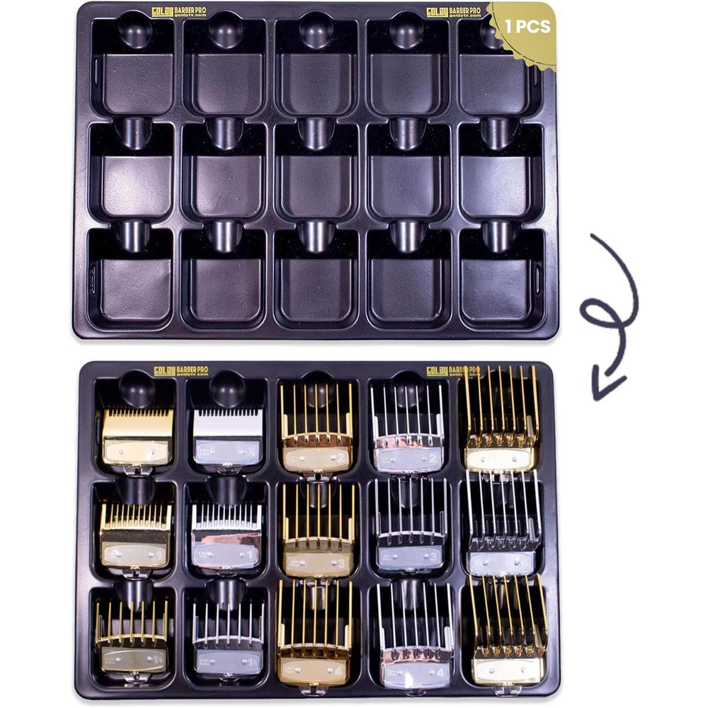 Goldy Barber Pro blade rack storage tray front view holding hair clipper attachments on salon counter