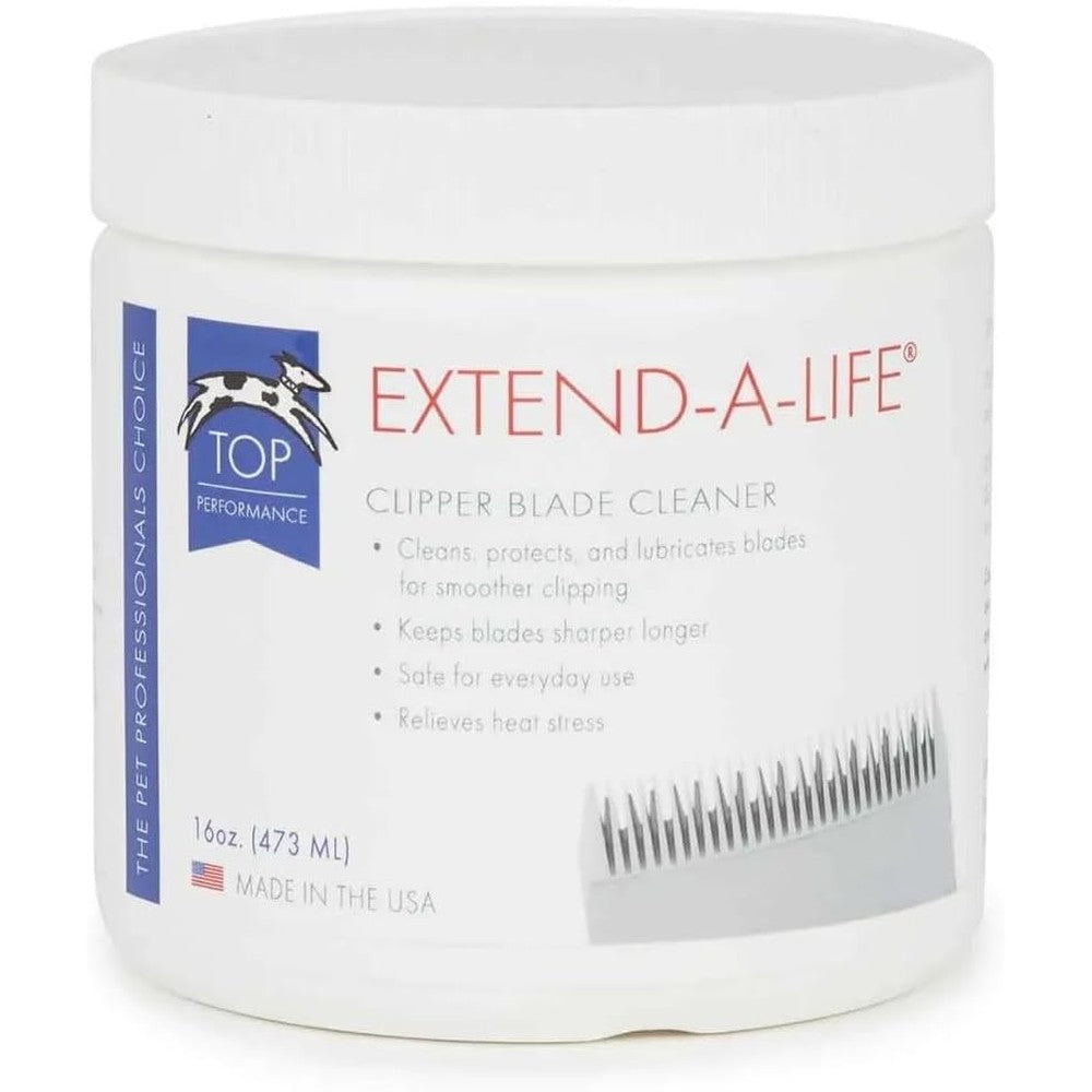 Top Performance Extend-A-Life Clipper Blade Rinse front view with dispenser jar for pet grooming
