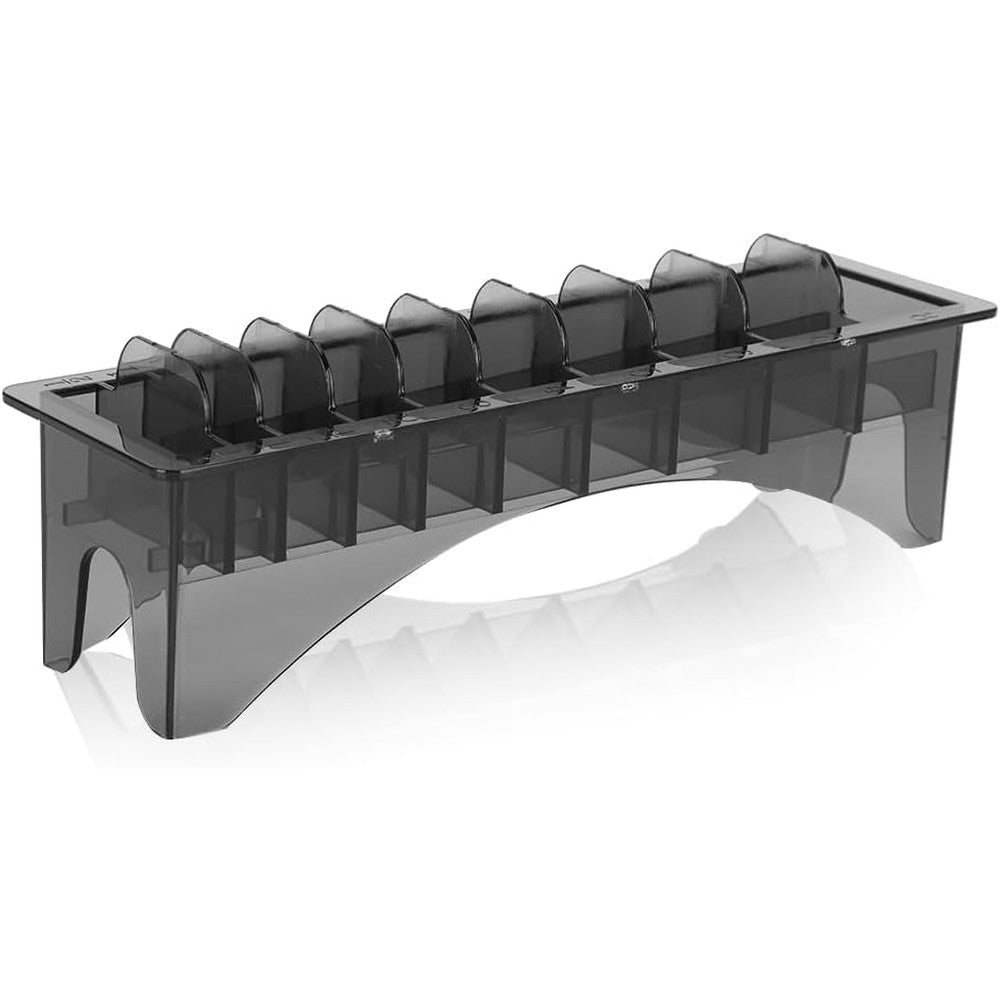 Akozon 10 grid clipper guard holder organizer front view showing transparent black slots for professional barber tools