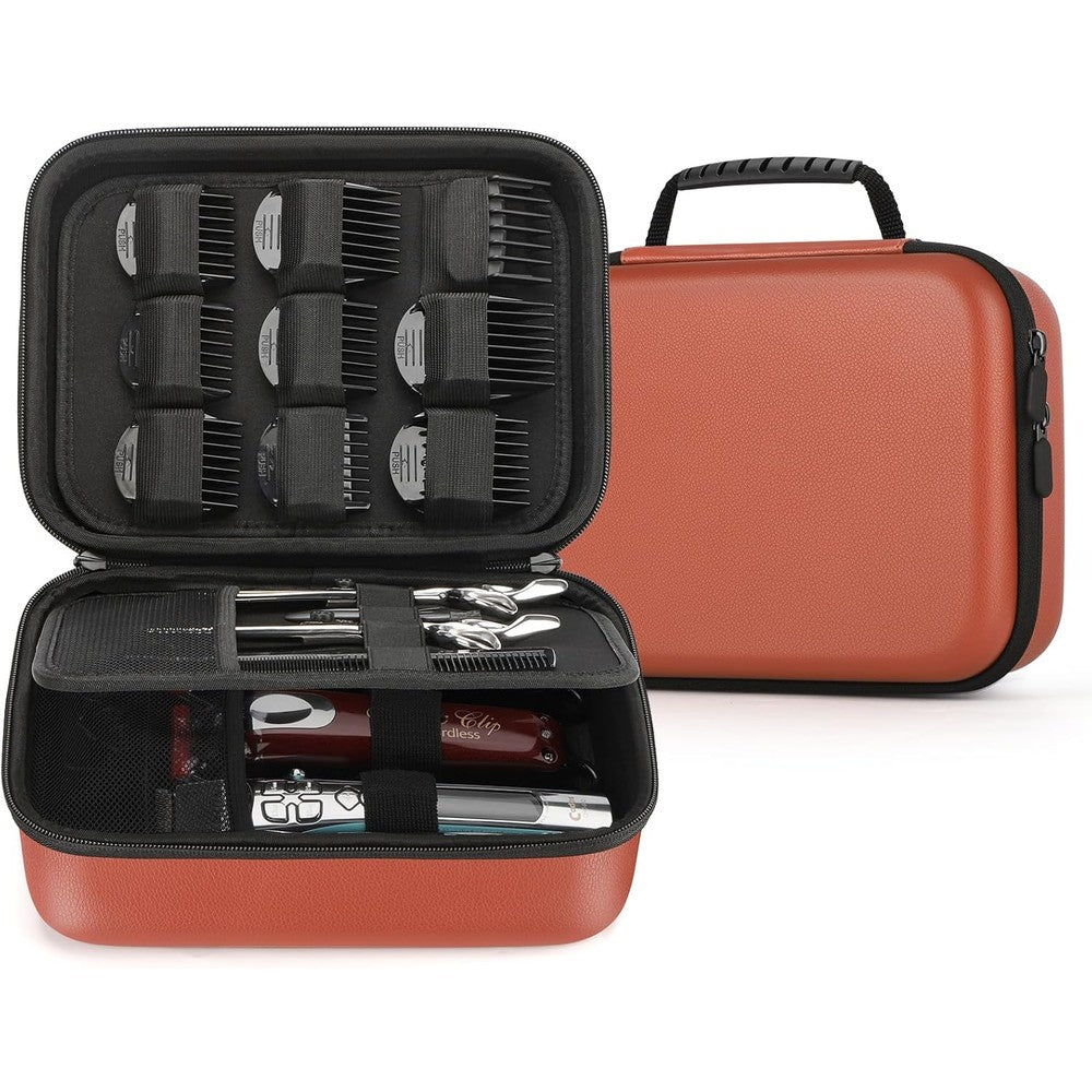 MOSLA hard barber accessories case front view premium brown PU leather trimmer storage bag