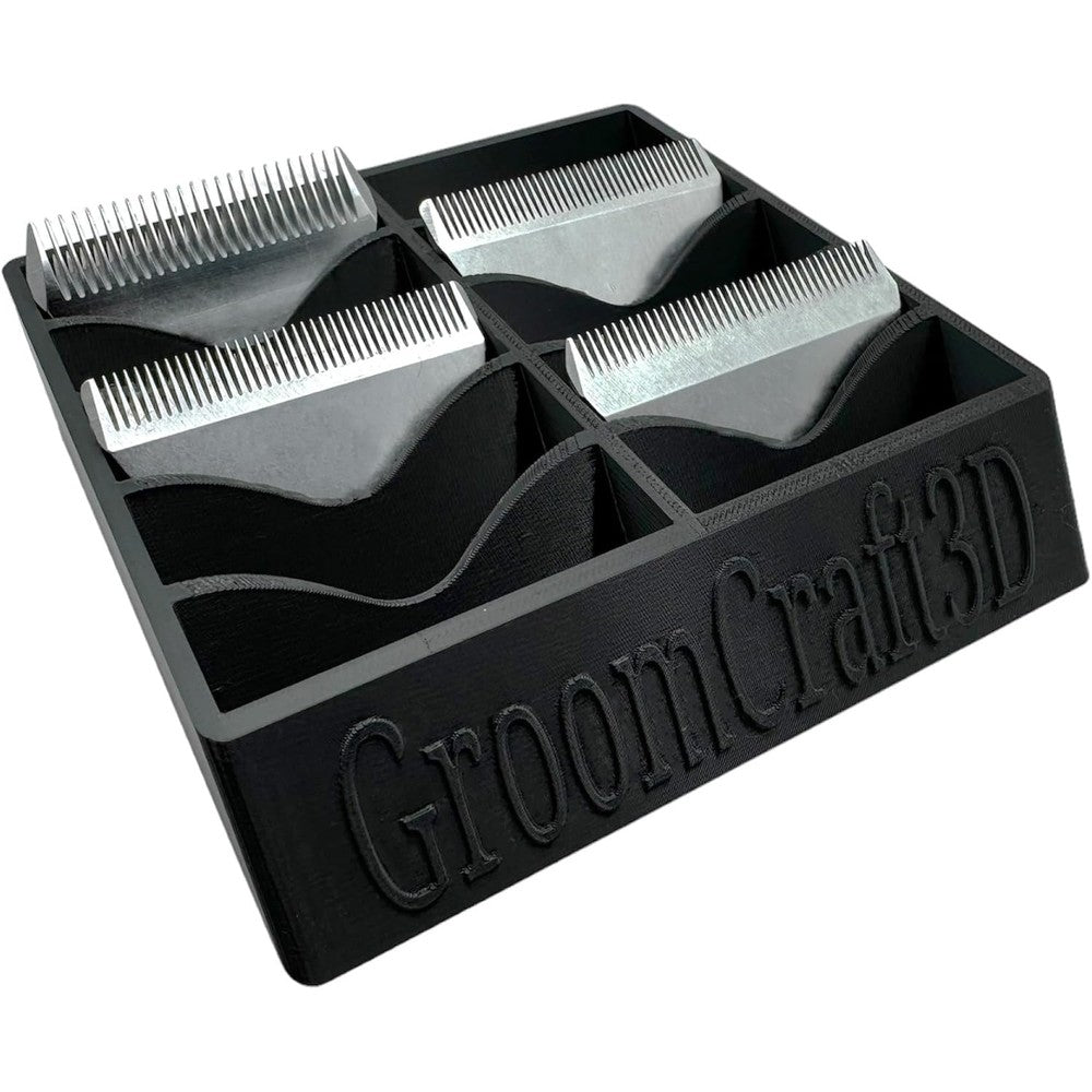Yiyiring grooming clipper blade storage tray front view showing the ten slot professional organizer caddy in black.