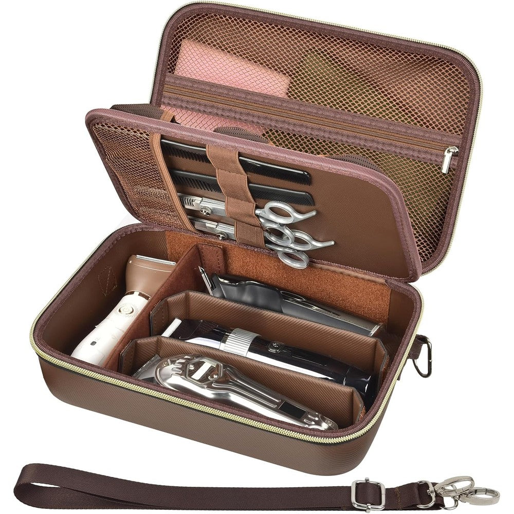 Klawdsky Casmilee barber case front view showing premium brown leather exterior.