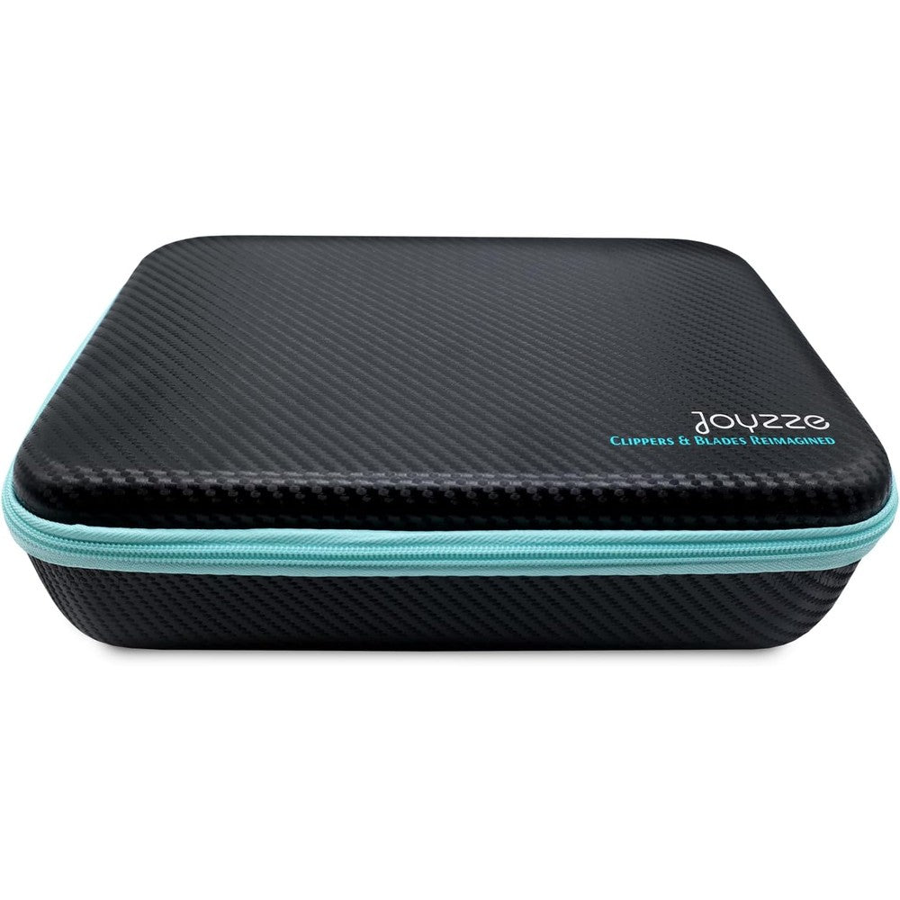 Joyzze grooming clipper blade storage case front view showing black carbon fiber texture and teal zipper closure.