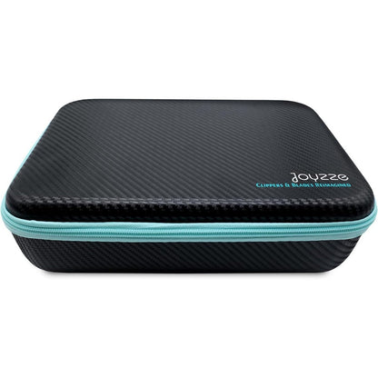 Joyzze grooming clipper blade storage case front view showing black carbon fiber texture and teal zipper closure.