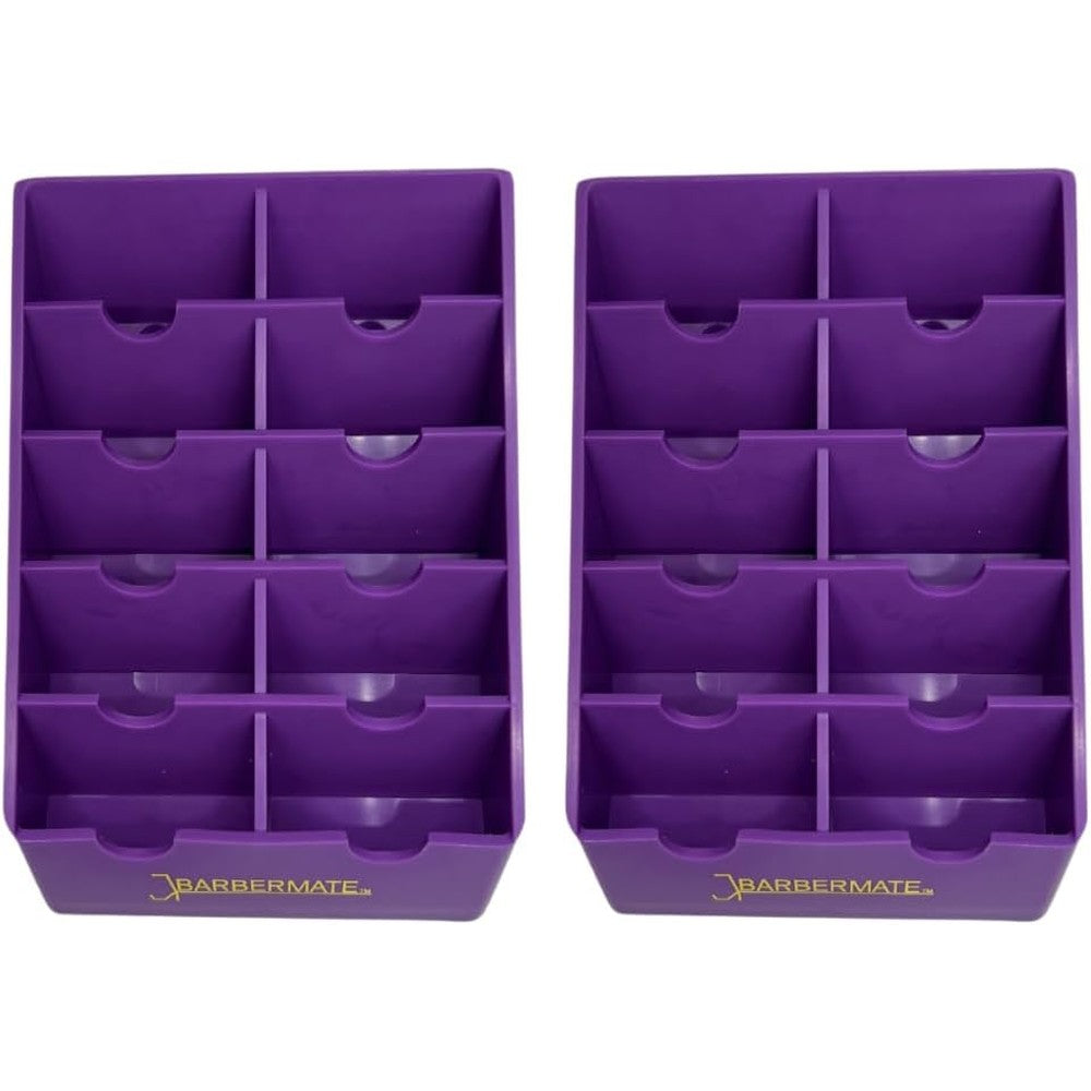 BarberMate Professional Clipper Blade Organizer Rack front view featuring two purple storage trays for salon workstations.