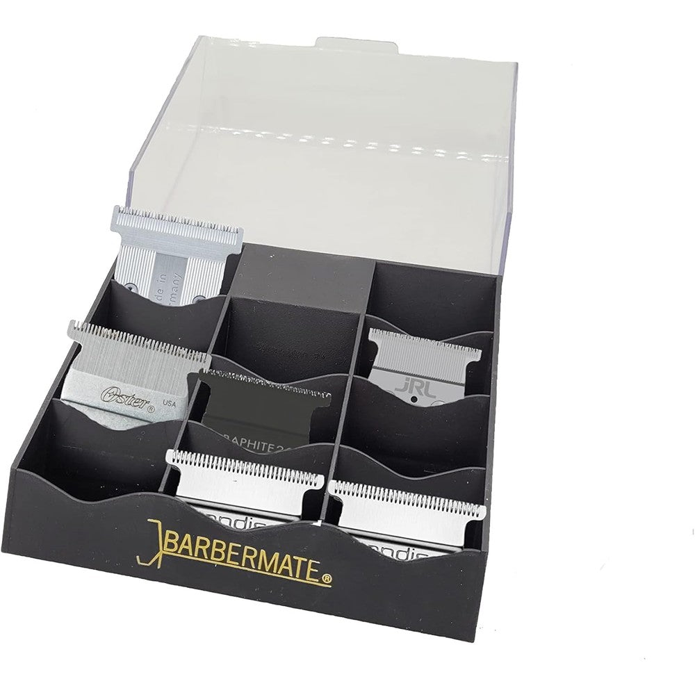BarberMate Pro Blade Rack Storage System front view showing black eleven slot clipper blade tray with clear protective lid