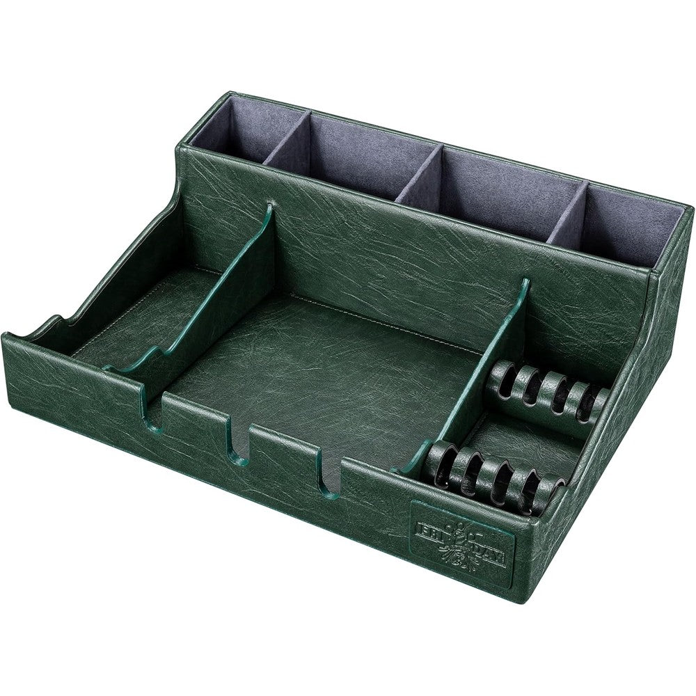 Noverlife large PU leather barber station organizer front view featuring dark green leatherette slots for hair clippers and guards.