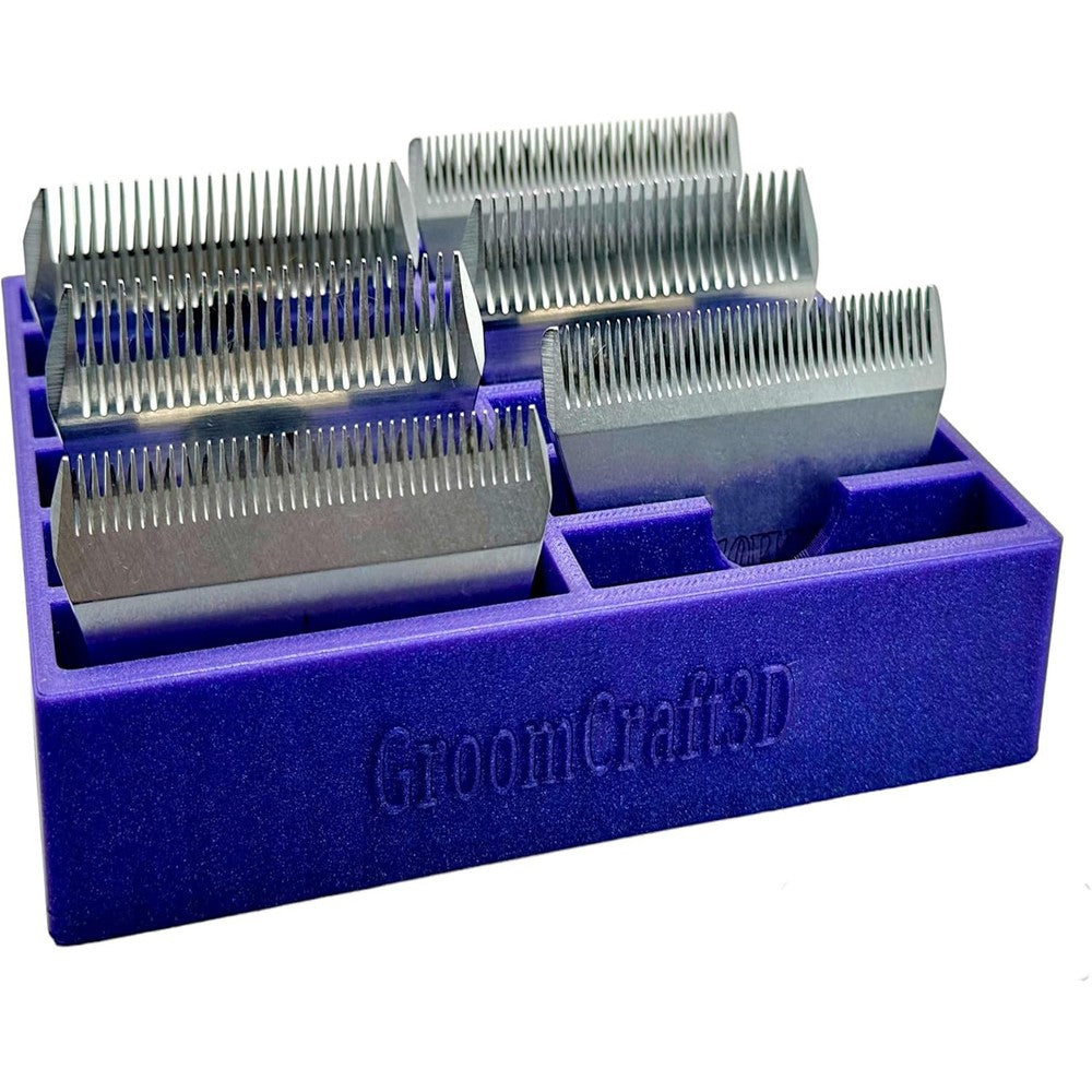 GroomCraft3D clipper blade storage tray front view showcasing twelve slots filled with professional wide grooming blades
