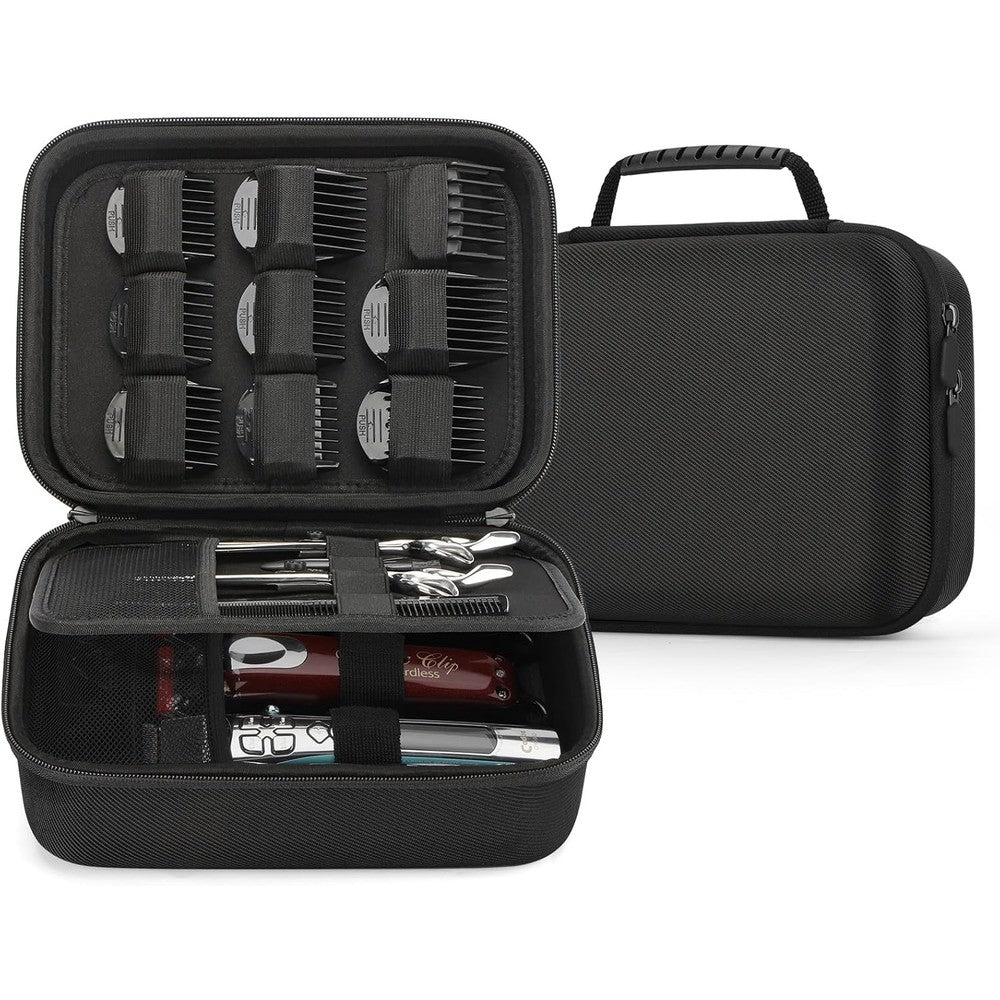 MOSLA hard barber accessories case front view showing the durable black nylon exterior and handle
