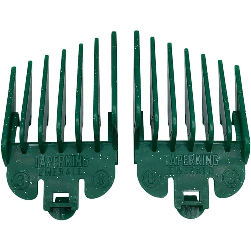 Taper King Guide Combs 2.0 Emerald clipper guards front view showcasing premium packaging.