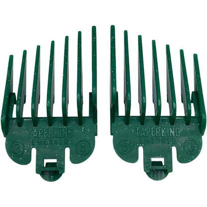 Taper King Guide Combs 2.0 Emerald clipper guards front view showcasing premium packaging.