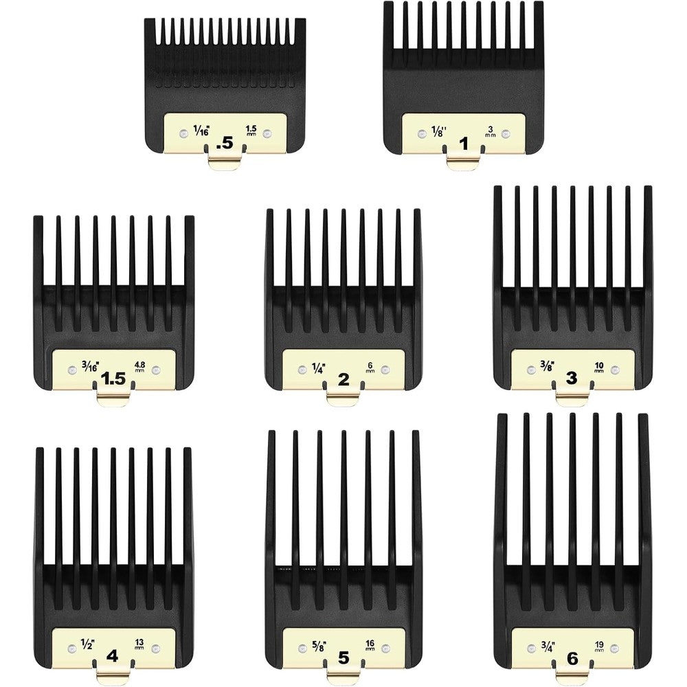 Wusuker premium clipper guards front view showcasing eight black attachment combs with metal clips