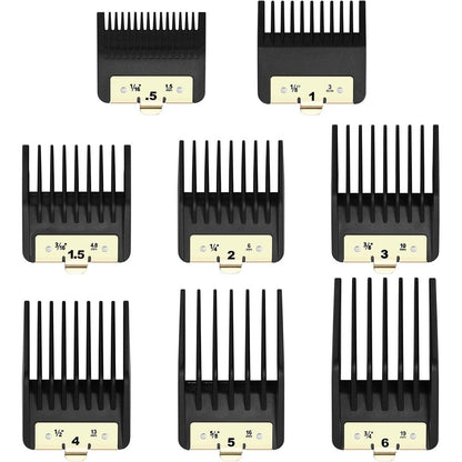 Wusuker premium clipper guards front view showcasing eight black attachment combs with metal clips