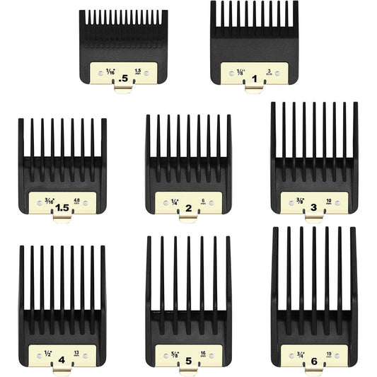 Wusuker premium clipper guards front view showcasing eight black attachment combs with metal clips