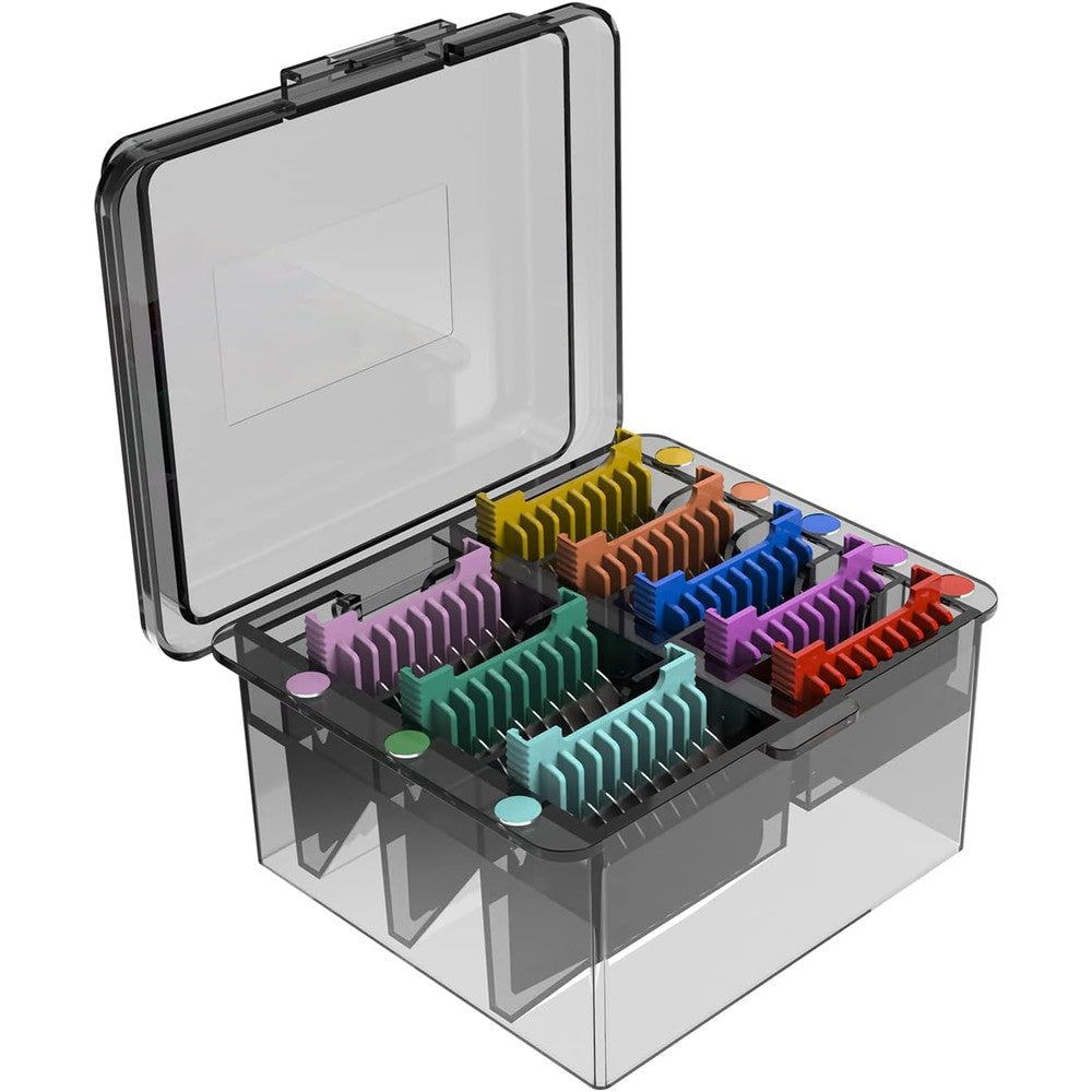 Shernbao professional animal stainless steel clip attachment guide comb set front view inside storage case.