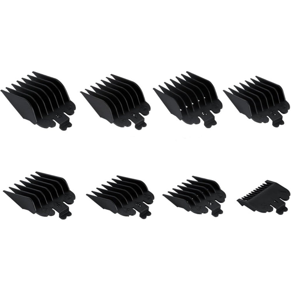 FANBODTA professional hair clipper combs guides set front view displaying eight black replacement guards
