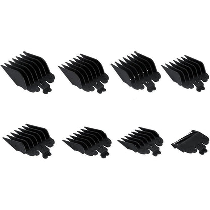 FANBODTA professional hair clipper combs guides set front view displaying eight black replacement guards